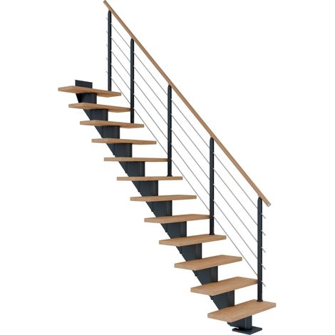 Dolle Mittelholmtreppe Hamburg Gerade Eiche weiß, geölt 85 cm breit für GH 222 – 258 cm UK Metall Anthrazit mit Geländer