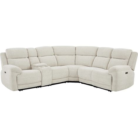 Divano angolare relax elettrico con ripiano in tessuto melange beige - KELUNO (1/5)