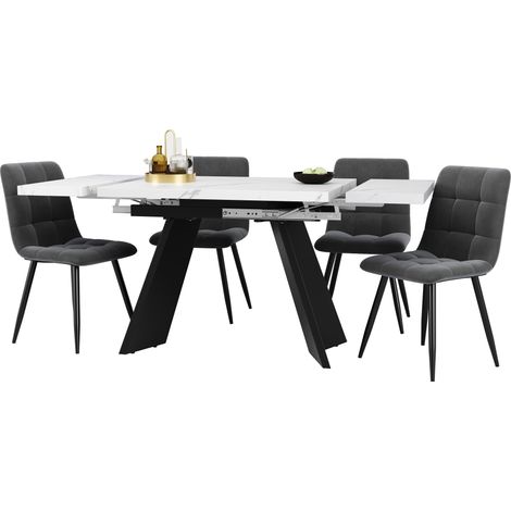 Set da pranzo estensibile 5 pezzi con tavolo bianco e 4 sedie in velluto (1/5)