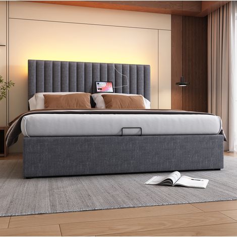 Bett 160x200 cm gepolstert mit Stauraum, LED-Kopfteil mit USB & Type-C, verstellbar, Lattenrost, grau (1/5)