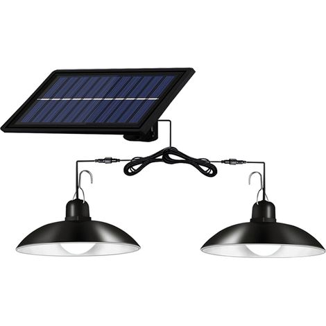 Plafonnier solaire à LED dimmable avec 2 têtes d'éclairage, lustre de terrasse, lampe suspendue, télécommande et minuterie, étanche IP65, pour éclairage intérieur et extérieur. (1/2)