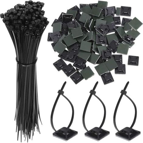 100PCS Black Adhesive Zip Ties, Cable Ties, Self-Adhesive Brackets, 150mm x 2.5mm, Cable Tie Base with Universal Multi-Purpose Cable Clip (1/5)