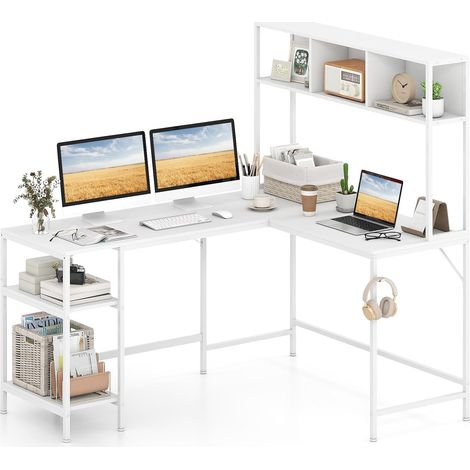 COSTWAY Scrivania a Forma di L con Libreria, Ripiani e Gancio per Cuffie, Scrivania Angolare in Legno con Robusto Telaio in Metallo, Scrittoio per Computer per Soggiorno, Studio e Ufficio (Bianco) (1/5)