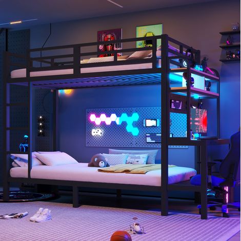 Hochbett 90x200 cm Metall MDF Schwarz mit Schreibtisch, LED und USB, ohne Matratze – MEUBLIV (1/5)