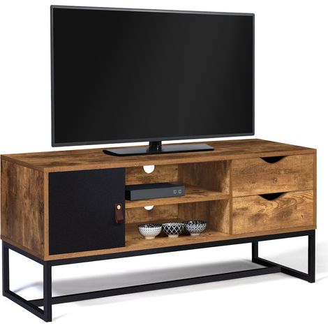 Idmarket – Meuble TV 110 cm bicolore bois effet vieilli et métal – 2 tiroirs et placard – Design industriel pour écran jusqu'à 40 pouces