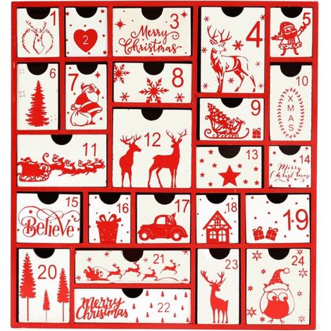 Calendrier de l'Avent à 24 tiroirs - Bois MDF rouge - Décoration de Noël - 2025 - (1/5)