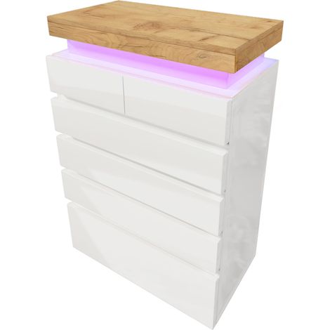 Buffet blanc laqué avec 6 tiroirs et éclairage LED contrôlable par application, 115 x 73 x 39 cm (1/5)