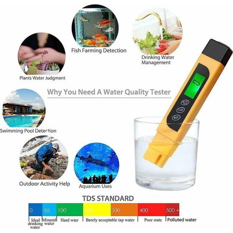 Stylo testeur numérique TDS Qualité de l'eau portable TDS EC Température Pureté Mètre Temp PPM Testeur Thermomètre pour l'eau 4 modes d'affichage (1/4)