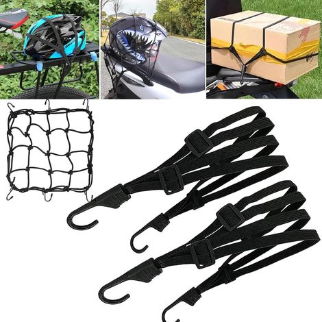 Lot de 2 sangles d'arrimage élastiques pour porte-bagages, filet à bagages, courts, avec 4 boucles coulissantes avec crochets, réglables, élastiques, avec crochets, pour moto, vélo, etc (1/5)