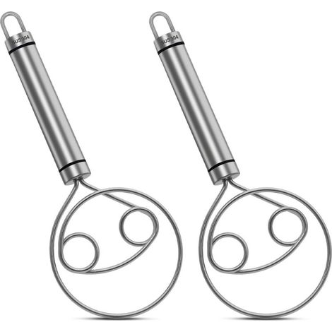 Piuluvor® 2 Pieces Danish Dough Whisk, 304 Stainless Steel Double Hole Dough Whisk for Quick Mixing, Bread Dough Whisk for Flour, Pizza, Cake, Dessert (1/4)