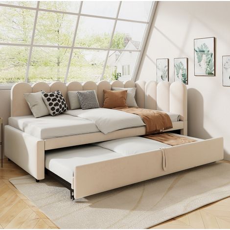 Cama nido 90/180x200 cm beige de terciopelo, forma en L, con función 2 en 1 y cama de invitados (1/5)