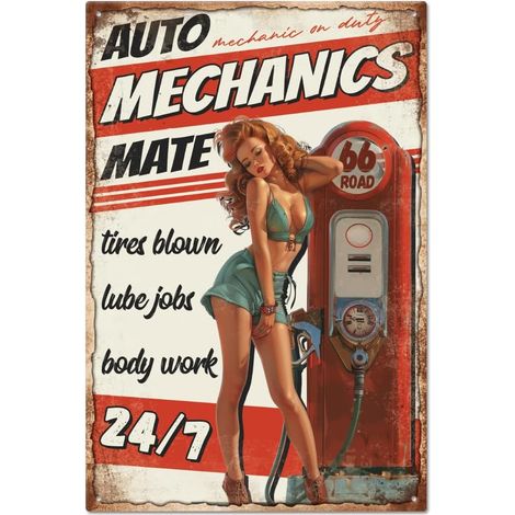 Plaque métallique en étain de Pin Up Women, Plaque en étain de station-service, Plaques métalliques vintage, Compagnon de mécanicien automobile, Décoration murale, Peinture en étain, Plaques 20x30 cm (1/5)