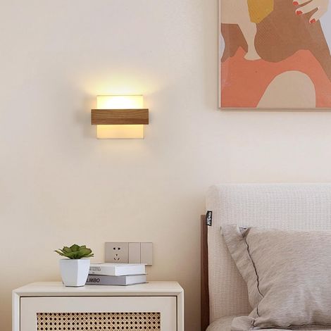 Goeco Applique Murale en Bois, Style Bohème Moderne, Design Carré, E27, Pour Chambre, Salon, Couloir, Ampoule Non Incluse (1/5)
