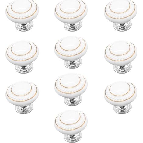 10 x Poignées et Boutons de Tiroir, Poignée de Porte Céramique, Boutons de Meubles (Double Cercle d'Or - Blanc) (1/5)