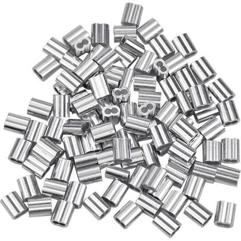 100 manchons en aluminium, embouts de câble en aluminium, pinces à sertir en aluminium à double extrémité pour fils d'acier et câbles d'aviation, argent (1,5 mm/0,06 po) (1/4)
