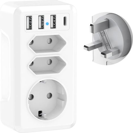 Adaptateur Voyage 7 en 1 avec 3 USB et USB-C Adaptateur France vers UK Prise Anglaise Adaptateur UK Type G pour Irlande Malaisie Angleterre Royaume-Uni Dubai