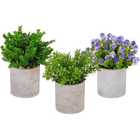 Relaxdays Set da 3 Piante Finte da Interno, Fiori Artificiali in Vaso, Piantine Indoor in Plastica, Verde Viola Grigio