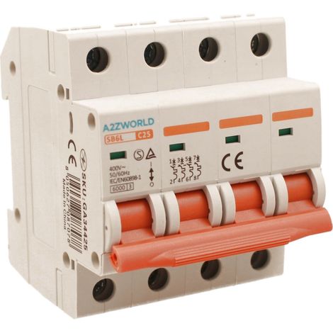 A2ZWORLD MCB Interruttore Magnetotermico Trifase Curva C 4P 4M 6000A AC 400V IP20 SB6L, Corrente Disponibili 10A 16A 20A 25A 32A 40A 50A 63A (C25A) (1/3)