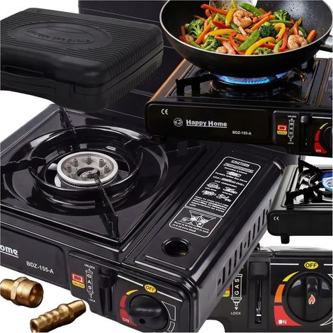 Cocina de gas, diseño compacto, dos modos de potencia, color negro. (1/5)