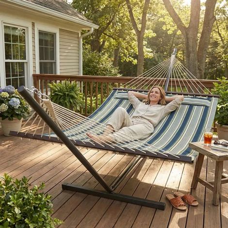 LEDANDER Hamac double autoportant avec support – Hamac rayé robuste (capacité 150 kg) pour terrasse, jardin et détente en plein air – 353 x 140 cm (1/5)