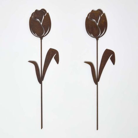HOMESCAPES Gartenstecker Rost – Tulpen Gartendeko 2er-Set, wetterfeste Gartenfiguren aus Metall für draußen, Rost Deko für Garten, Terrasse & Balkon (1/5)