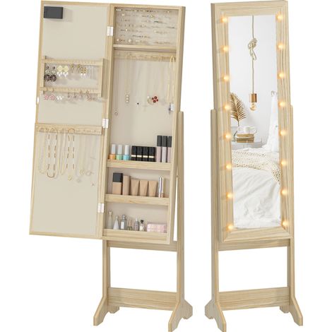Miroir à bijoux LED autoportant, armoire avec miroir pleine longueur, angle réglable, bois naturel (1/5)
