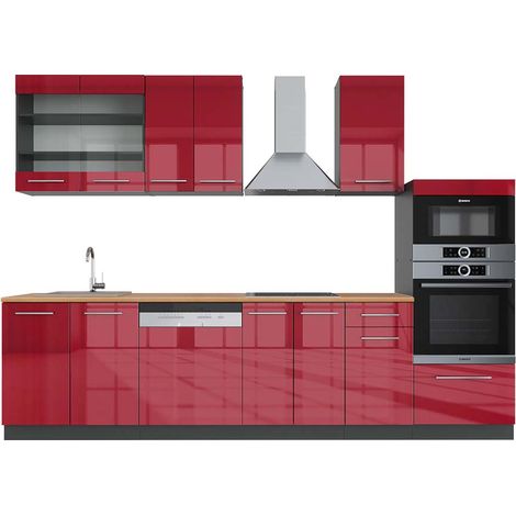 Cucina componibile Fame-Line, Bordeaux lucido/antracite, 300 cm con armadio alto, PL Rovere, Vicco