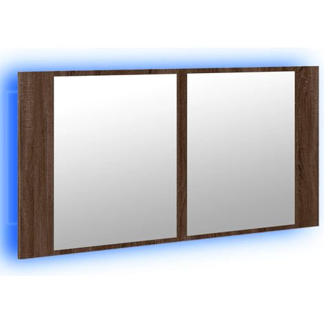 Mobiletto da bagno con specchio e illuminazione a LED 90 x 12 x 45 cm contenitore ergonomico design moderno legno di rovere ingegnerizzato marrone 020049289