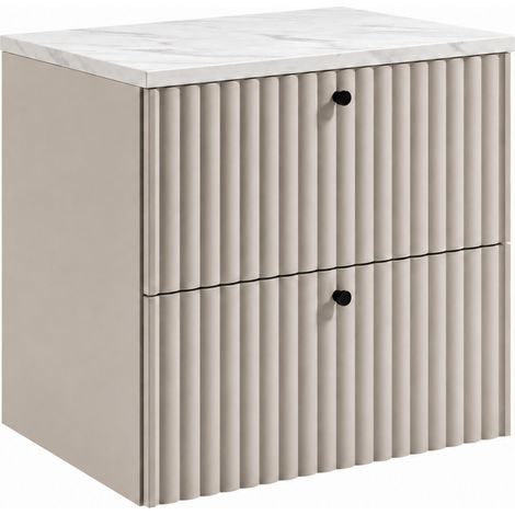 Meuble sous-vasque suspendu 60 cm, 2 tiroirs, avec plan de travail, fermeture douce, Cachemire / Marbre, poignées noires, 60 x 44,4 x 58,6 cm (1/5)