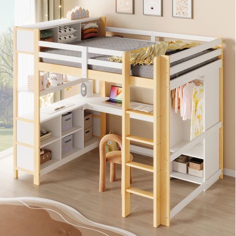 Letto a soppalco 232.5x150.5x189.5 cm naturale in pino e MDF con scrivania, armadio e ripiani (1/5)