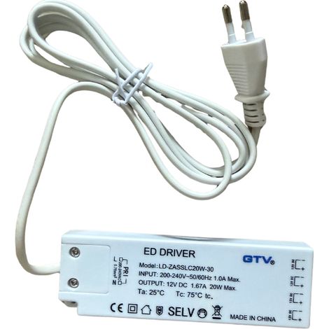 Transformateur led 20 W - 12 V avec câble et 3 fiches femelles Mini AMP intégrées (LD-ZASSLC20W-30)