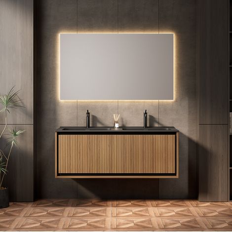 Mobile lavabo sospeso con doppio lavandino rettangolare in resina nera, due cassetti, effetto rovere marrone (1/5)