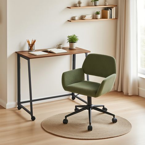 Ensemble table et chaises : chaise vert (hauteur réglable, pivotante) + table pliante marron à roulettes (1/5)