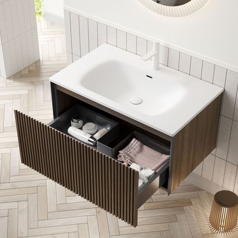 Lavabo en et table de toilette armoire contreplaqué chêne bois pierre artificielle veine blanc brun salle bain taille 80cm avec couleur pour style (1/5)