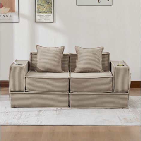 Pouf sofa 162x78x66 cm kaki in velluto a coste con cuscini e tasche laterali (1/5)