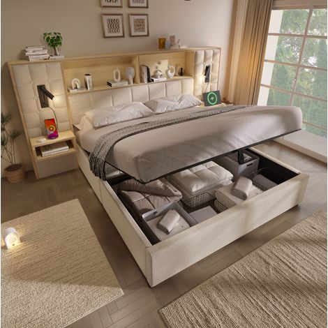 Lit capitonné vintage 180x200 cm beige avec coffre, LED, 2 chevets, USB-C, sommier à lattes (1/5)
