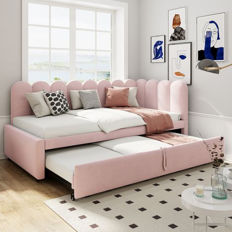DESVIAE Canapé lit angle convertible velours rose 90 x 200 cm extensible 180 x 200 cm avec lit gigogne dossier et tête de lit rembourrés pour chambre enfant chambre d amis (1/5)