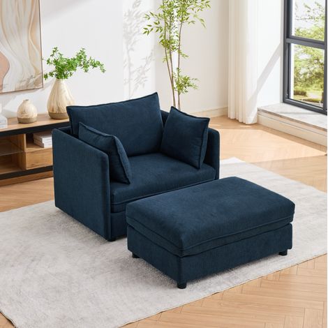 Sofá de 1 plaza (149x103.5x81 cm), con puf con almacenaje, diseño modular, terciopelo azul (1/5)