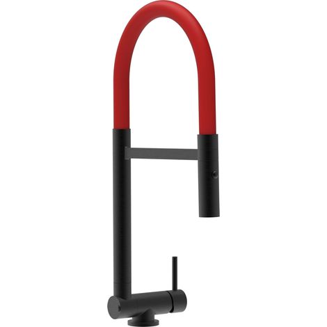 Rubinetto abbattibile a soli 4,5 cm, miscelatore cucina Nero Opaco per sottofinestra canna rossa movibile e doccia due getti staccabile (1/5)