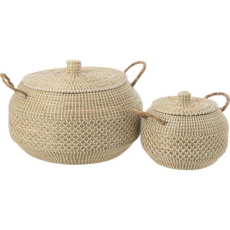 Panier rangement anses et couvercle en jonc naturel blanc - Naturel beige et blanc tressé (1/3)