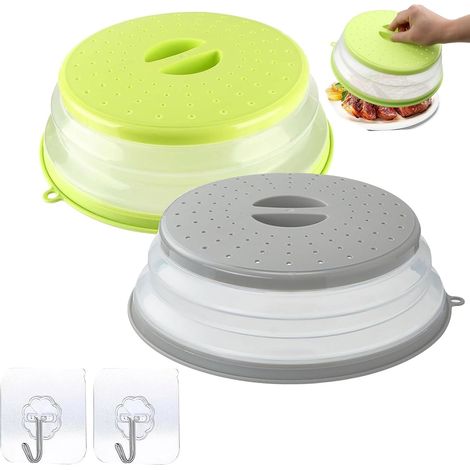 Lot de 2 cloches micro-ondes pliables 27 cm TPR+PP, trous vapeur, poignée ergonomique, anti-projection, gris (1/5)