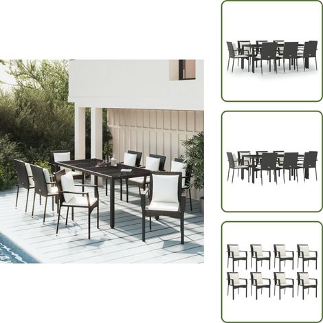 9-tlg. Garten-Essgruppe mit Kissen Schwarz Poly Rattan - Gartensessel - Gartentisch - Gartenmöbeln - Outdoor Möbel - Rattan Gartenmöbel (1/5)