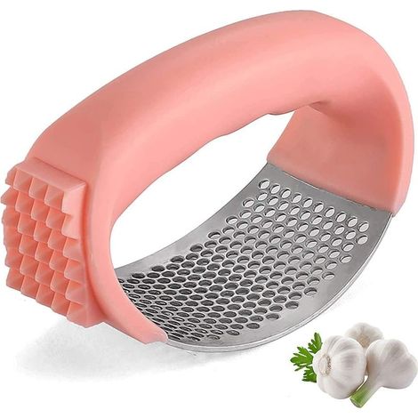 Spremiaglio basculante, 2 in 1 multifunzionale, schiaccia aglio, trita aglio in acciaio inox, spazzola per la pulizia e pelapatate per arance (rosa) (1/5)