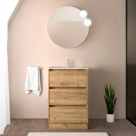Mobile bagno a terra 60 cm rovere africa con specchio e lavabo Gaya (1/5)