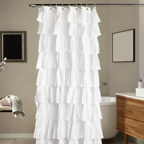 Rideau de douche bohème vintage 178 x 178 cm – Volants, crochets inclus, blanc, en polyester opaque, lavable en machine, pour salle de bain décorative (1/5)