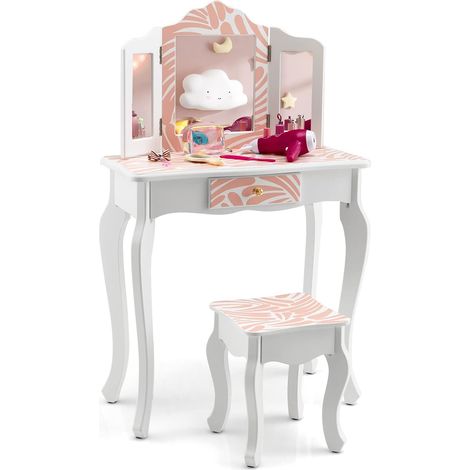 GOPLUS Ensemble de Coiffeuse et Tabouret pour Enfants, avec Miroir Rabattable, Tiroir Unique, Plateau Amovible, Courbes Arrondies, Bureau de Maquillage 2 en 1(Imprimé zèbre) (1/5)