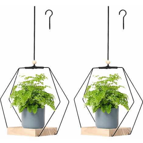 Pot à fleurs mural avec anneau en fer créatif (23cm) Noir (Planche en bois de 2.9cm) 2 pièces - Décor bois pour la maison (1/5)