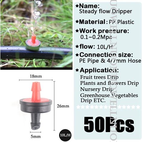 (10L) 50 goutteurs à compensation de pression autonettoyants pour irrigation goutte à goutte, débit 10L, 20L et 30L, régulateur d'eau pour tuyau d'arrosage en polycarbonate. (1/5)