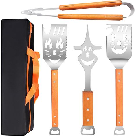 Ensemble d'ustensiles de barbecue en acier inoxydable (4 pièces) avec pinces, spatule, fourchette à viande et manches bois, accessoires pour extra longs, cadeau homme - (1/5)