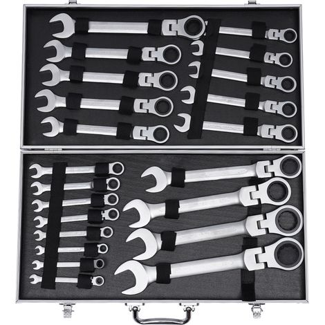 Lot de 22 clés à cliquet articulées, avec clés polygonales et plates de 6 à 32 mm, en acier au chrome vanadium de qualité supérieure, avec mallette de rangement pour l'organisation des outils (1/5)